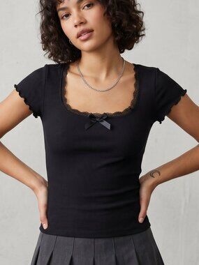 NWOT | Square Neck Ribbed Top | Lace Trim & Bow Detail | Onyx Black | XS